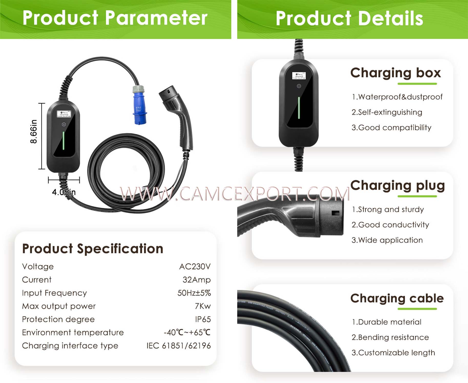 تفاصيل شاحن السيارة الكهربائية المحمول AC 7kw